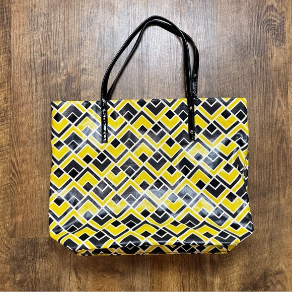 Kate Spade Bon Shopper Tote Flicker Fabric Yellow Black Print Shoulder Bag - Picture 3 of 16